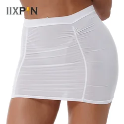 Womens Stretchy Shirring Pencil Skirt Casual Mid Waist Rave Party Clubwear Elastic Waist Miniskirt See-through Lace Underskirt