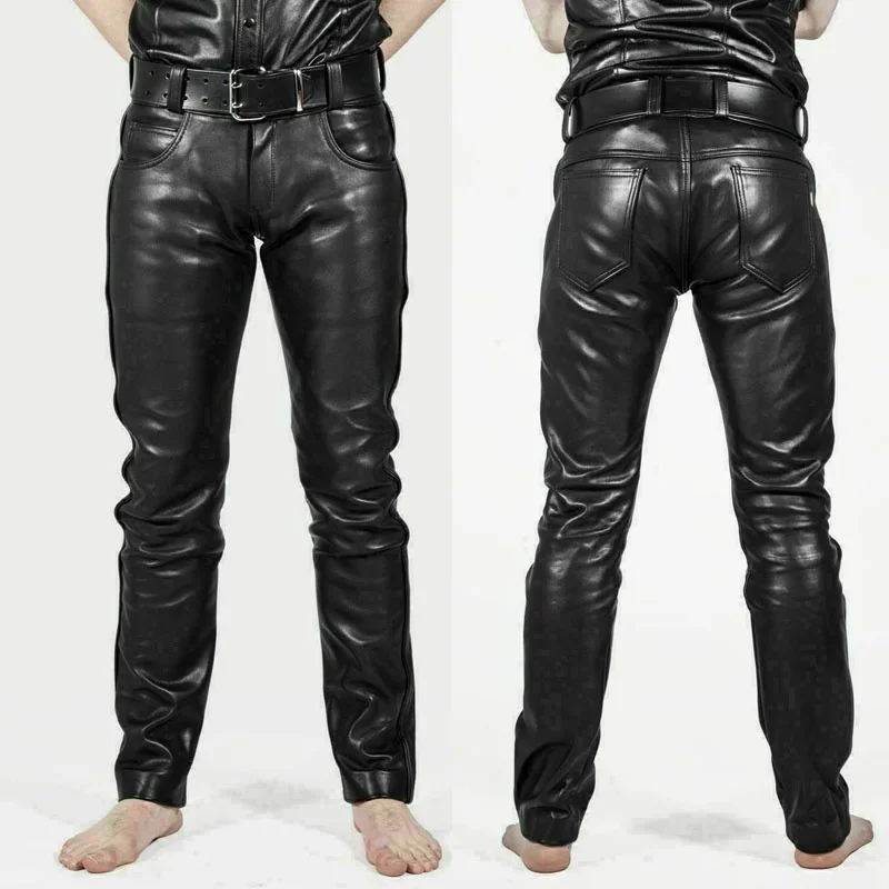 Mens faux leather pants Pu material black slim fit motorcycle leather trousers for male