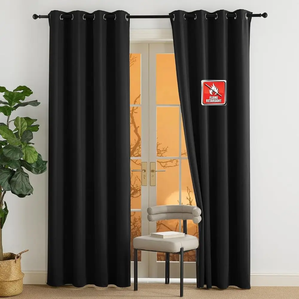 

ire Retardant Black Blackout Curtains 84 inch Length 2 Panels Set, 52 x 84 Noise Reducing Drapes or Oice Conerence Room Light Bl