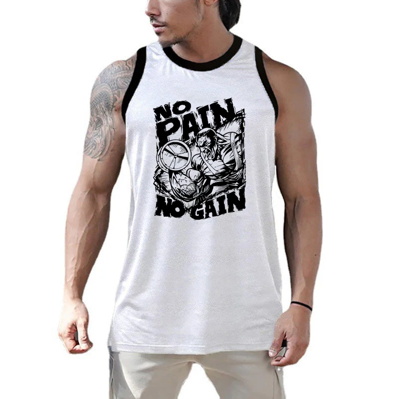 

NO PAIN NO GAIN Gym Fitness Sleeveless Vests Summer Mesh Breathable Quick-dry Sport T-Shirts Mens Bodybuilding Muscle Tank Tops