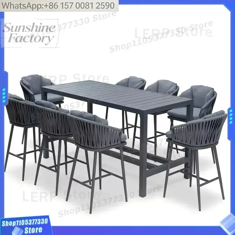 8 Seater Modern Steel Rope Woven Waterproof Outdoor Dining Set with Bar Stools and Garden Table for Entry Hotel & Patio Use