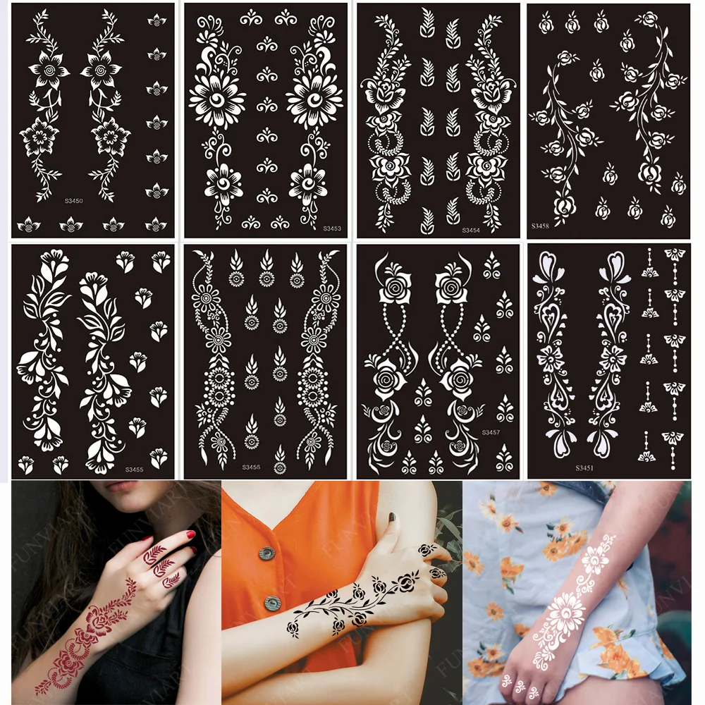 Plantillas de tatuaje de Henna reutilizables, plantilla de pintura para mano, arte corporal, flor, tatuaje temporal, manga, boda, novia, Belleza