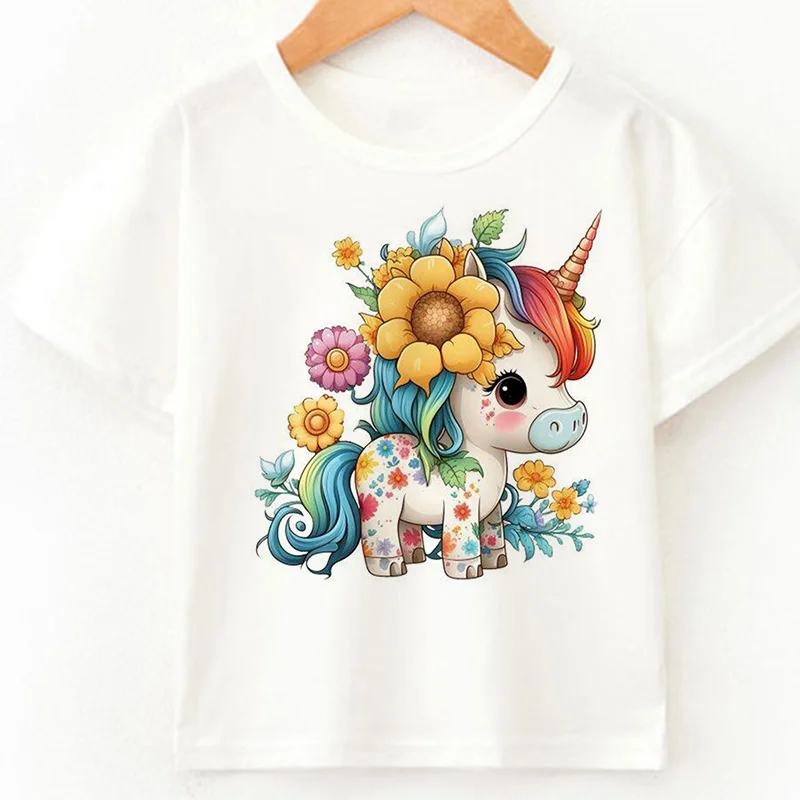 Kids Cartoon Unicorn In Funny Round Neck T Shirt Baby Summer Tops Boys And Girls White Soft T-shirt Baby Boy Girls Clothes Tops