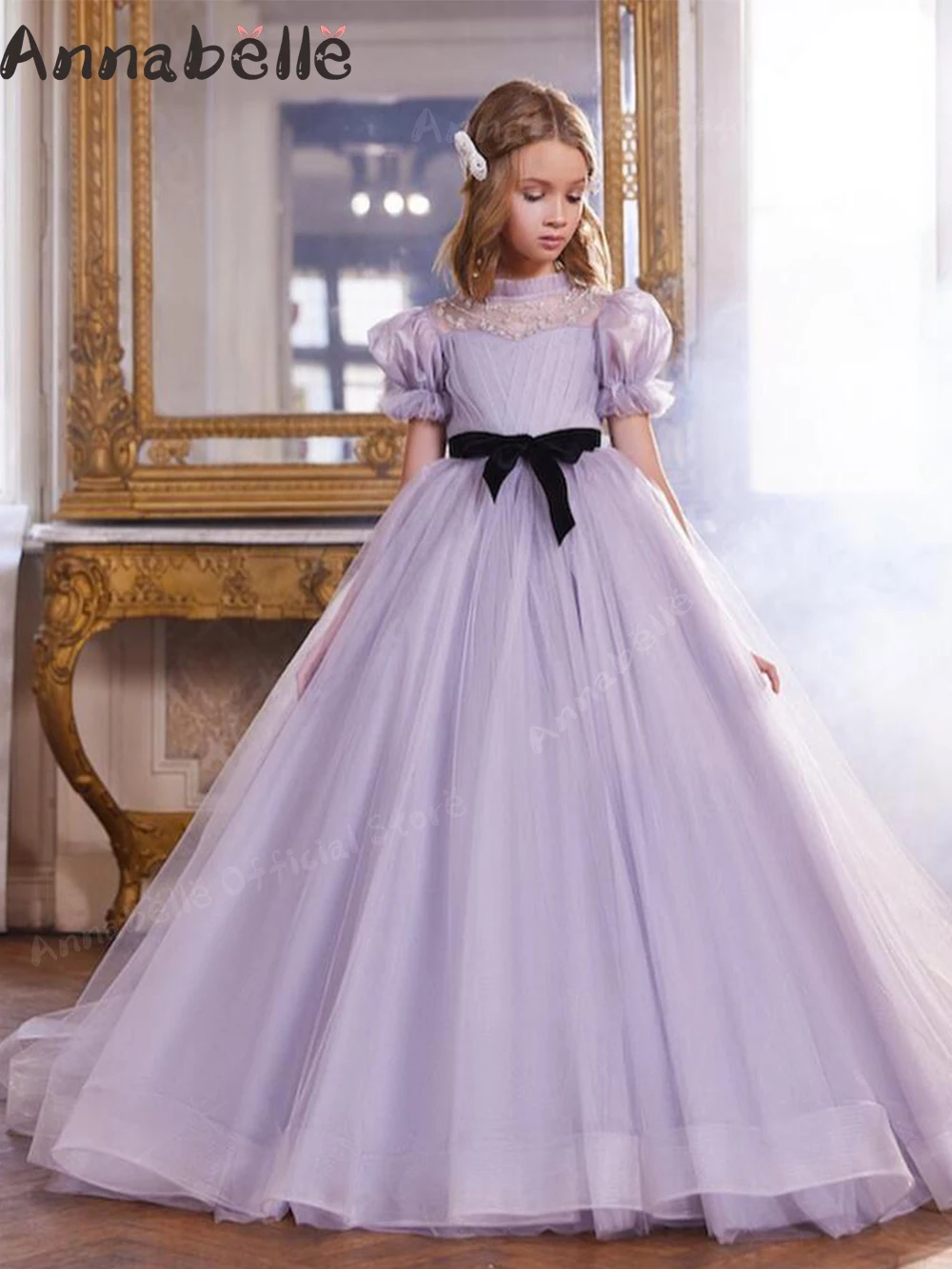 Annabelle-Robe longue pour filles, élégante, ceinture papillon, pour mariages