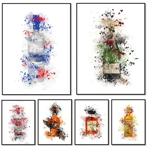 Champagne wall art poster, gin bottle, whiskey bottle, vodka bottle, champagne bottle watercolor splash bar decor, wine gift