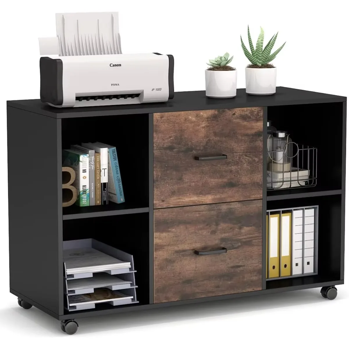 2 Drawer File Cabinet, Large Mobile Lateral Filing Cabinet for Letter Size, Printer Stand with Storage Shelves (Black/Rustic)