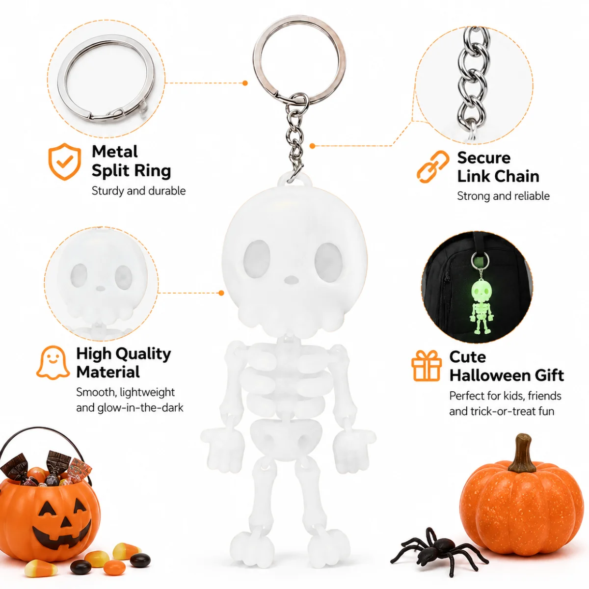 1Pc 11.5cm, Eco Friendly PLA Cute Skeleton Key Ring, 3D Printed Articulated Movable Joints,Halloween Bag Hanging Decor Gift