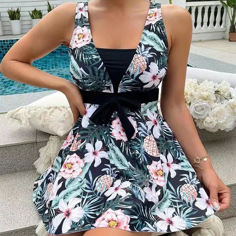 2024 New Tropical Print Knot Front Swimwear Women One Piece Swimsuit Women Dress Bathers Bathing Swimming Swim Suit Beachwear