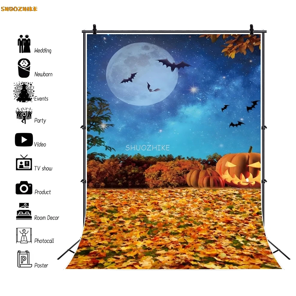 Halloween Backdrop Pumpkin Lantern Gate Moon Bat Baby Kids Adult Portrait Photography Background Decor Poster Photo Studio Props