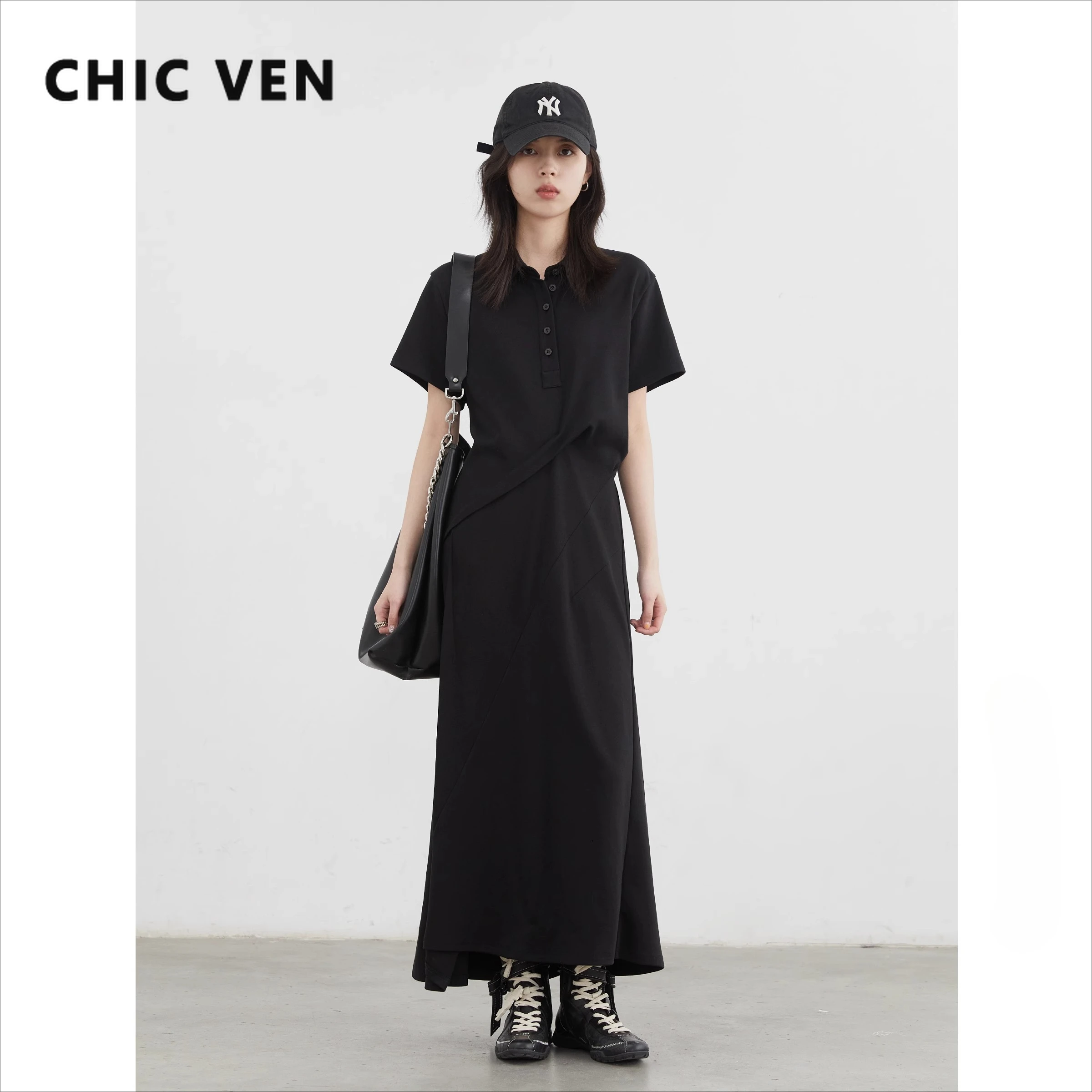 

CHIC VEN Korean Women Dresses Loose Casual Short Sleeved T-shirt Design Folding Dress Ladies Coat Summer 2025 Clothing