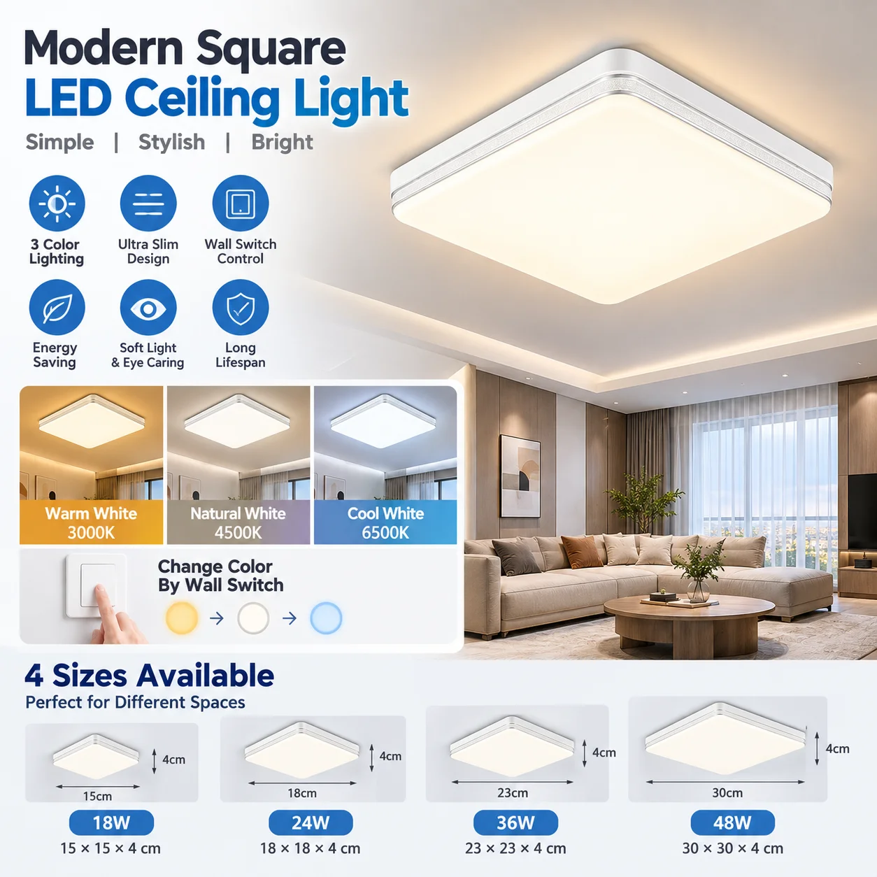 Modern Square Ceiling Lamp Silver Edge 3 Color Temperature Change LED Light for Living Room Corridor Home Indoor Lighting