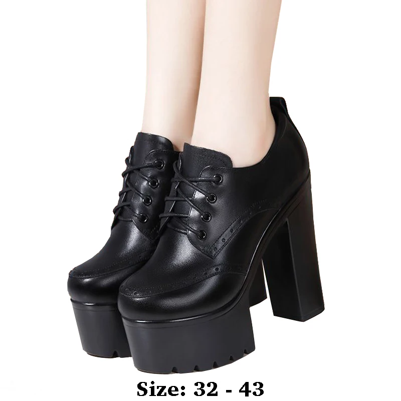 

high quality leather shoe for women 14cm high heel platform round toe 32 33 43 elegant and fashion autumn winter work shoe black