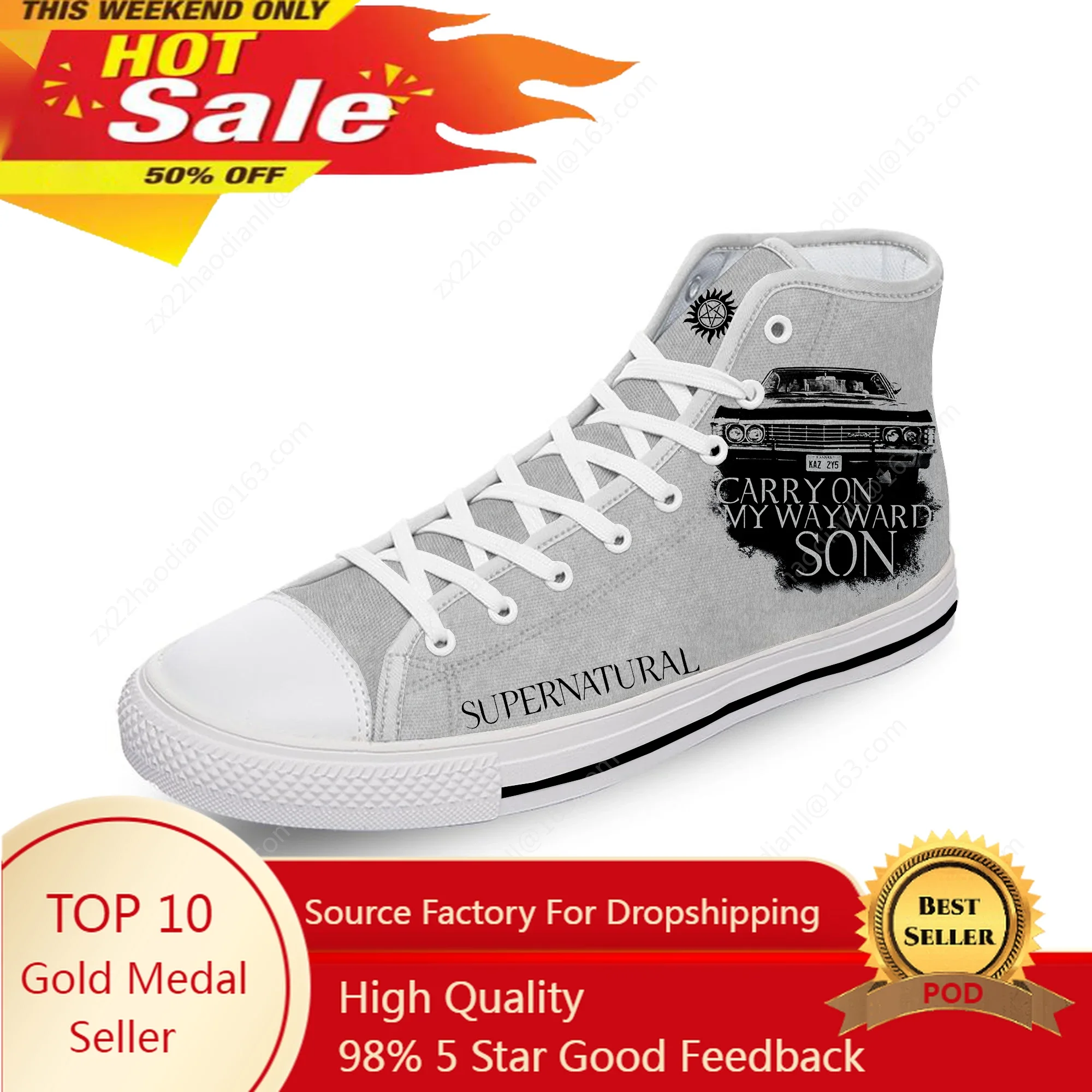 

Carry on My Wayward Son Supernatural Cool White Cloth 3D Print High Top Canvas Shoes Men Women Lightweight Breathable Sneakers