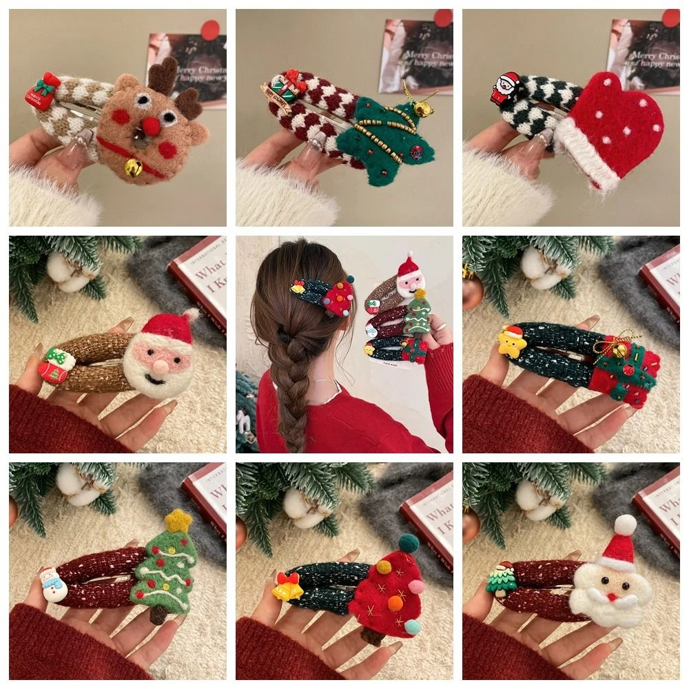 Unique Cartoon Christmas Tree Hair Clip Elk Sweet Santa Claus Hairpin Creative Felt Xmas Wool Barrettes Dress Up