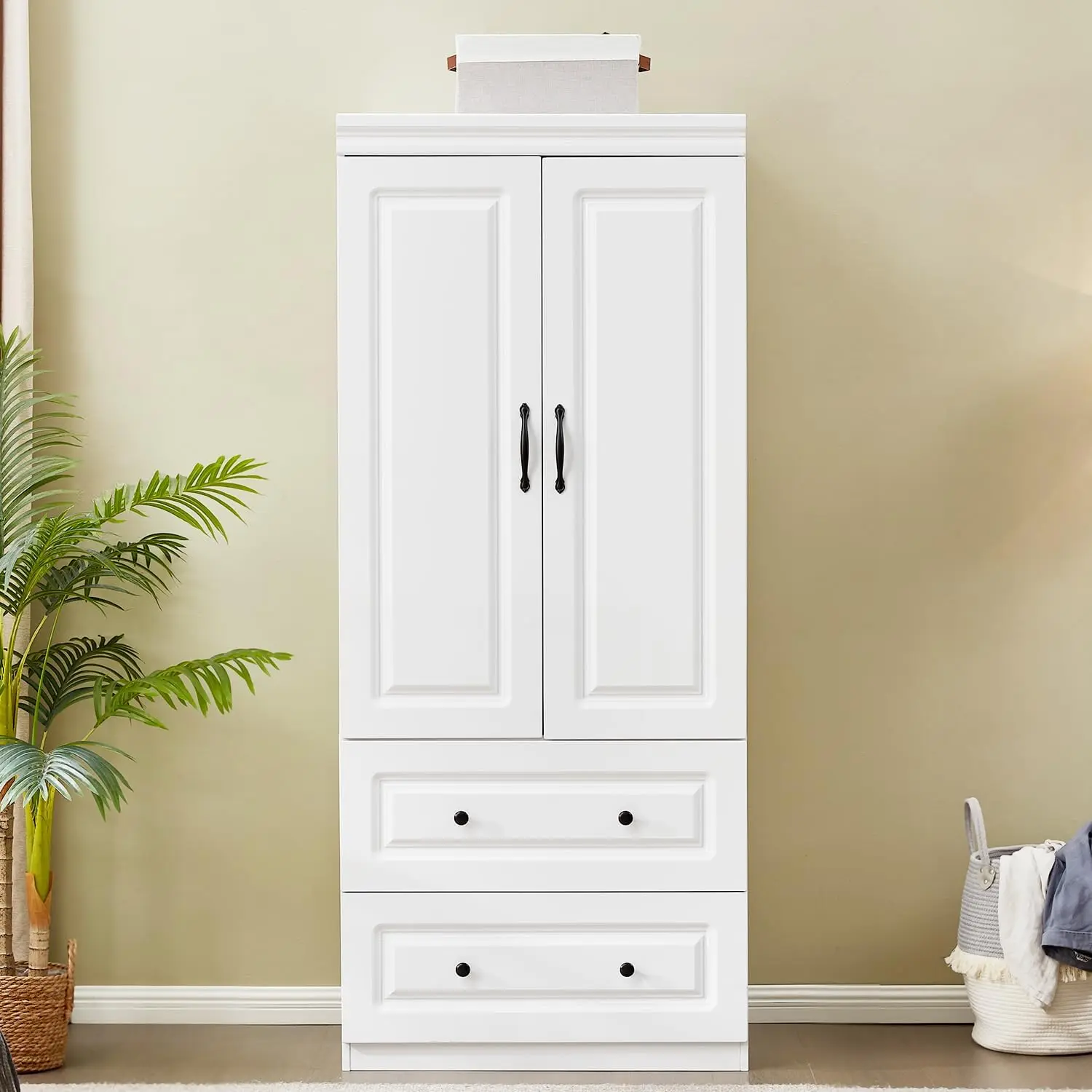 

71" H Closet with 2 Doors Wood Armoire Wardrobe Cabinet White Storage Cabinet Bedroom Armoires with Hanging Rod 2 Drawers