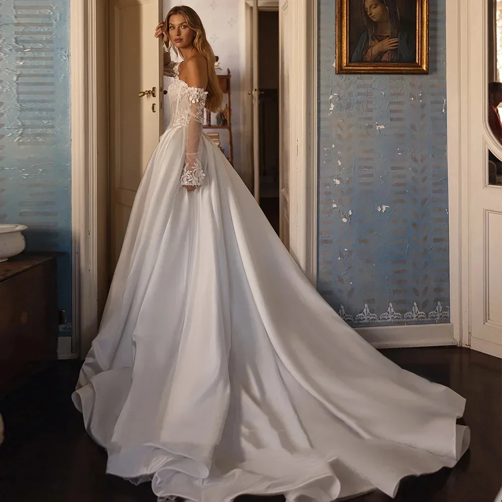 Customized Opulent A-line Lace Bridal Gown Featuring A Strapless Bust Removable Long Sleeves Exquisite Floral Satin Appliqué