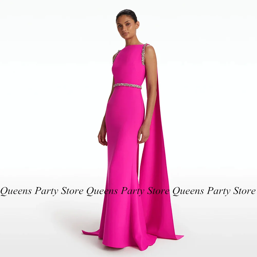 Fuchsia Mermaid Evening Dress Boat Neck Sleeveless Beading Sweep Train Saudi Arab Formal Party Gown with Cape Custom Color