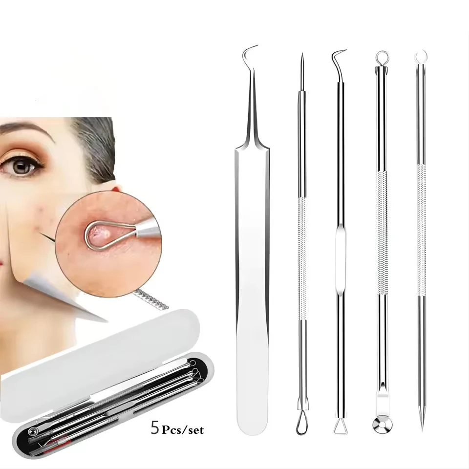 5-teiliges Mitesser-Entferner-Komedonen-Extraktor-Akne-Entfernungsset für Makel, Whitehead Popping, Zit-Entfernung für Nasen- und Gesichtswerkzeuge