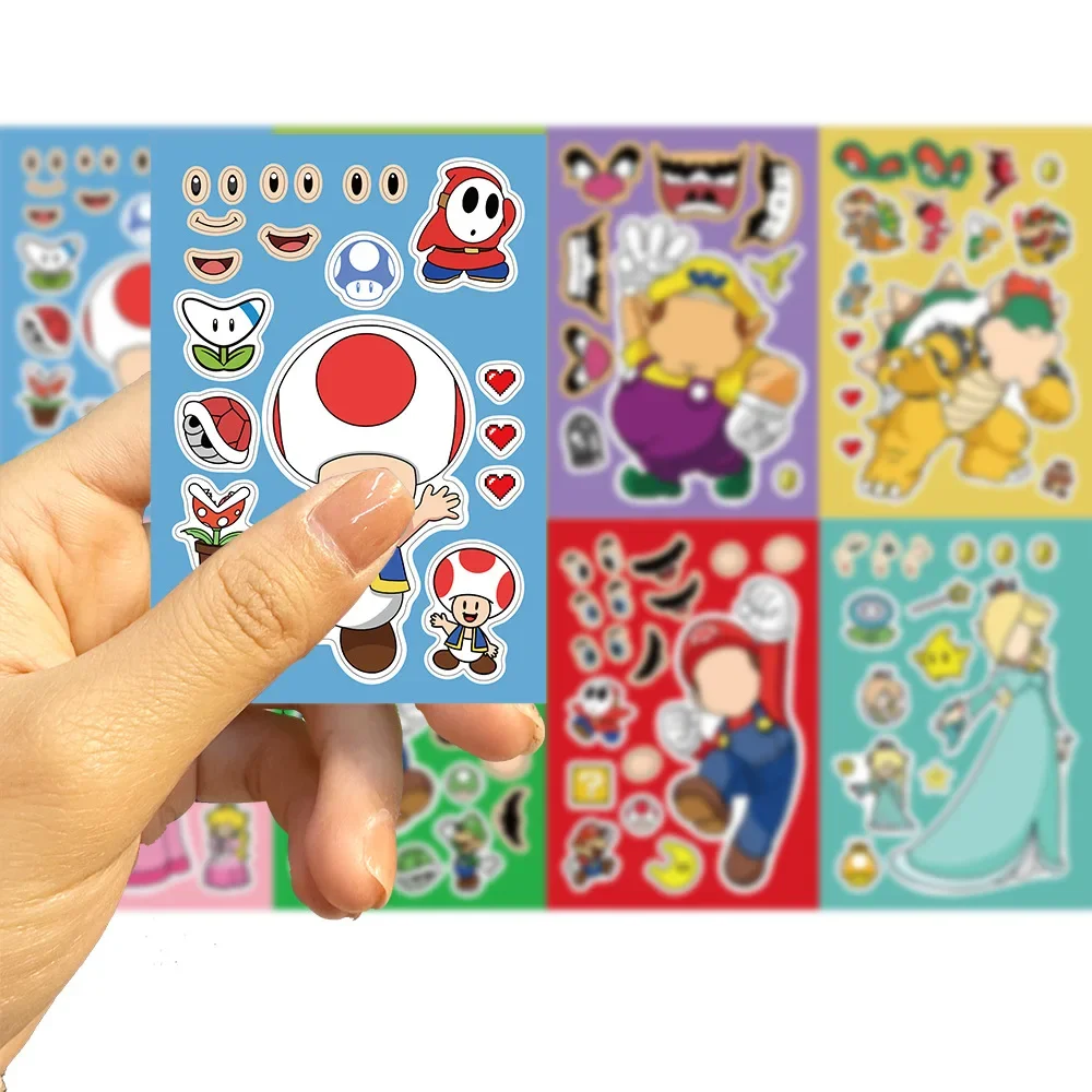 8/16/32Sheets Cartoon Mario Make A Face Puzzle Stickers Kids Make Your Own DIY Game Children Jigsaw Education Stickers Toys