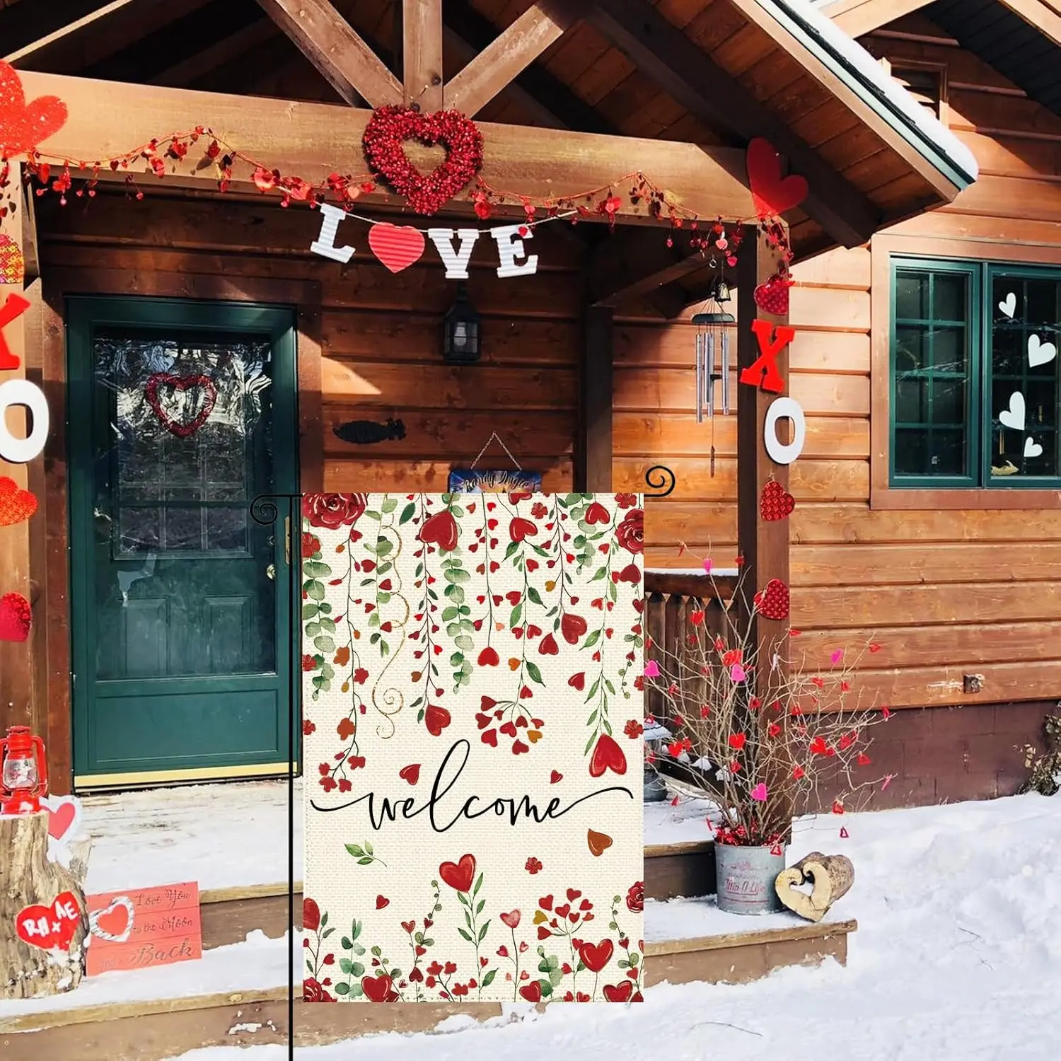 Valentine's Day Red Love Heart Welcome Garden Flag 12 x 18 Inch Double Sided, Rose Floral Burlap Small Yard Flag Anniver XXP SSL