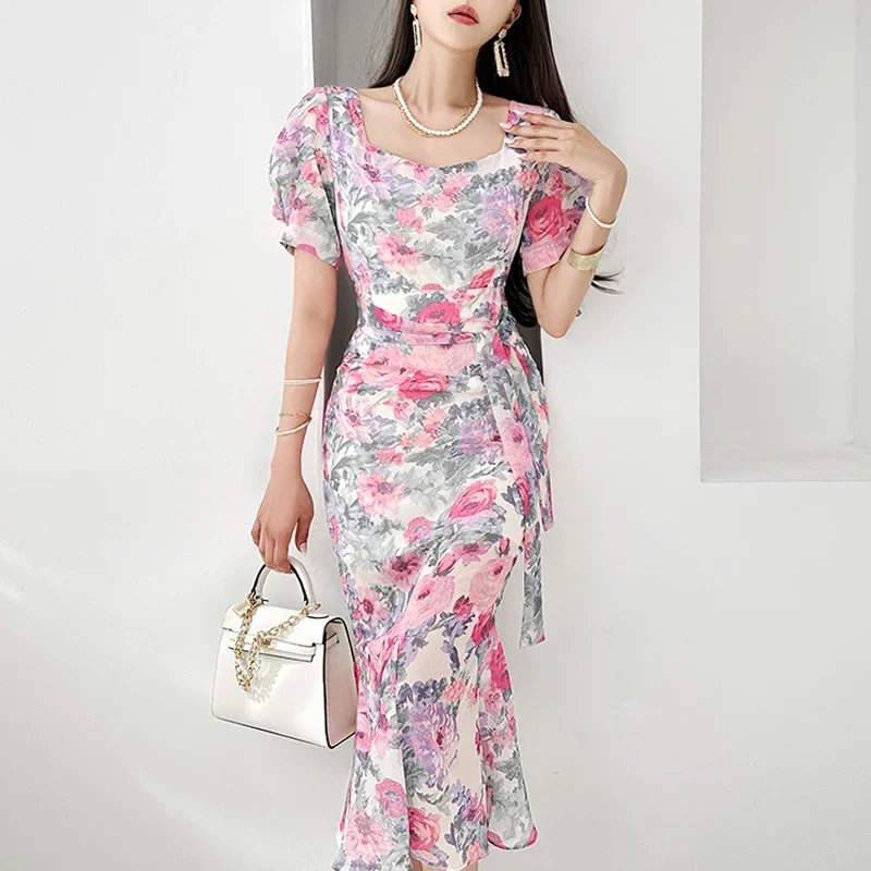 Pink Flower Printed Trump Dress Women Square Neck Elegance Dresses Female Puff Sleeve Korean Fashion Vestido Party