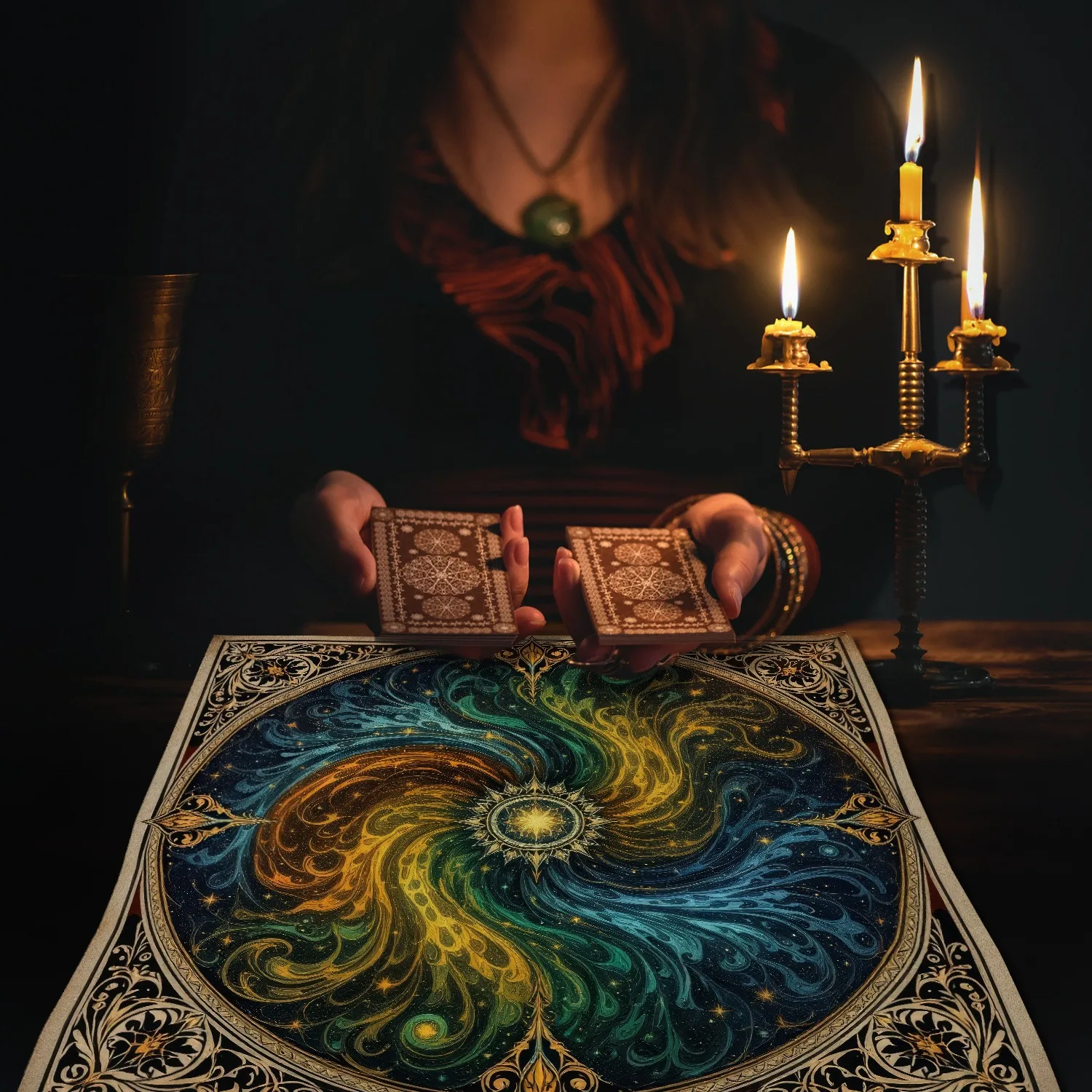 Alchemy Mandala Sun Tarot Cloth Multiple Sizes 2D HD Print Gold Border 100 Polyester Machine Wash Witch Altar Party Game Decor