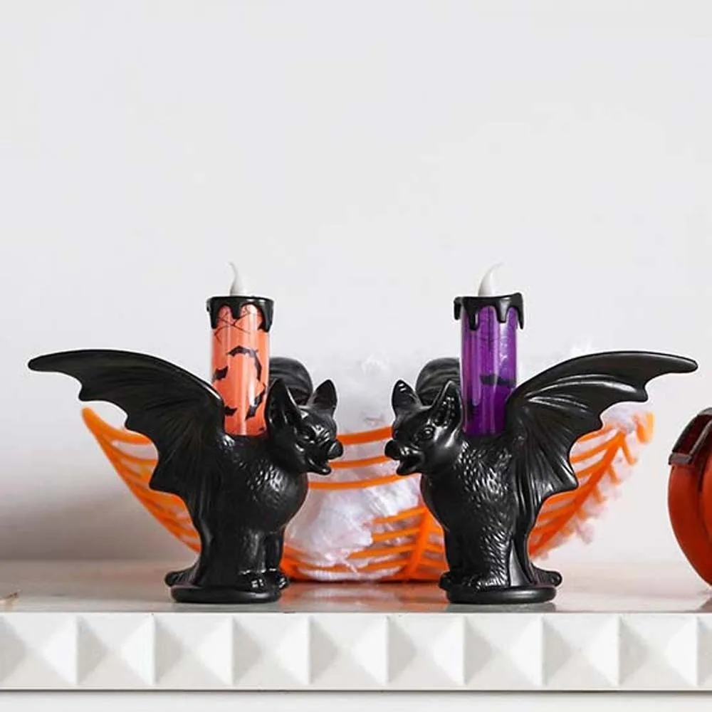 Cell Battery Operated Bat Candle Light Warm Flicker Printed Pattern LED Candlestick Plastic Base with Holder Gothic Lamp