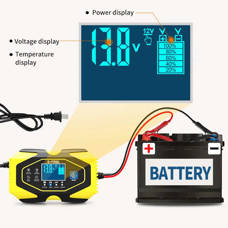 12V 24V Car Motorcycle Battery Charger for Auto Moto Smart Charging Digital Gel AGM Lithium LiFePo4 Wet Lead Acid Battery