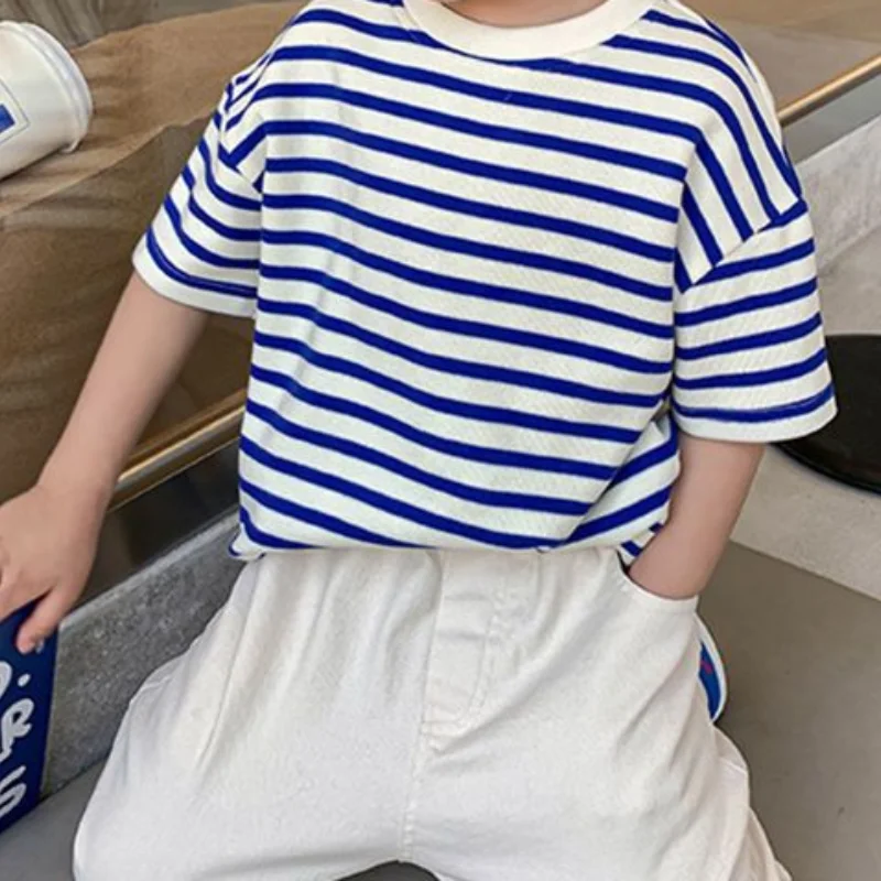 2023 Children Summer Refreshing Fashion Casual Striped Printed Round Neck Short Sleeve Trend All-match Loose Cotton Boys T-shirt