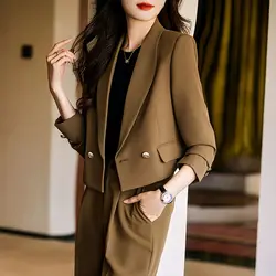 3-G19   Brown suit for women Spring and Autumn new temperament goddess style casuafessional short suit trousers two-piece suit