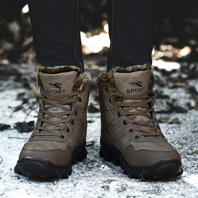 Genuine Leather Men Shoe Winter Snow Boots Warm Hiking Boots Waterproof High Top Men's Boots Outdoor Sneakers Ankle Boot Walking