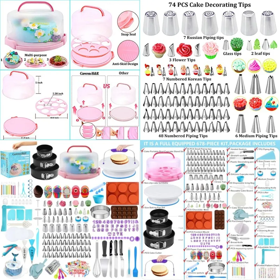 

678pcs Cake Decorating Kit, Baking Supplies with Decorating Tools, Cake Carrier, Cake Turntable, Piping Bags and 74 Tips, Sprin