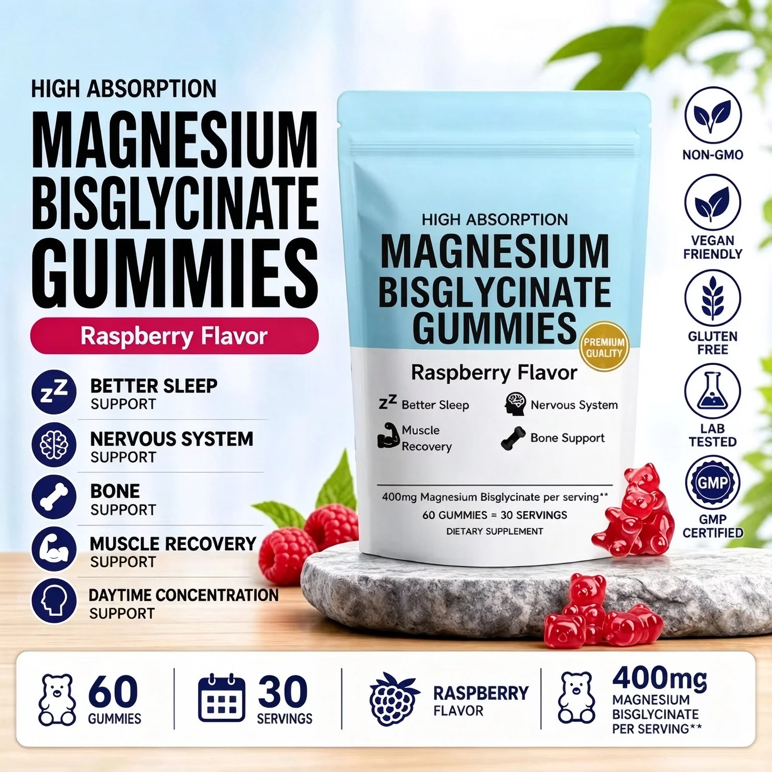 Magnesium Bisglycinate Gummies Support Sleep Muscle Recovery Bone Health Nervous Raspberry Flavor Dietary Supplement 60 Gummies