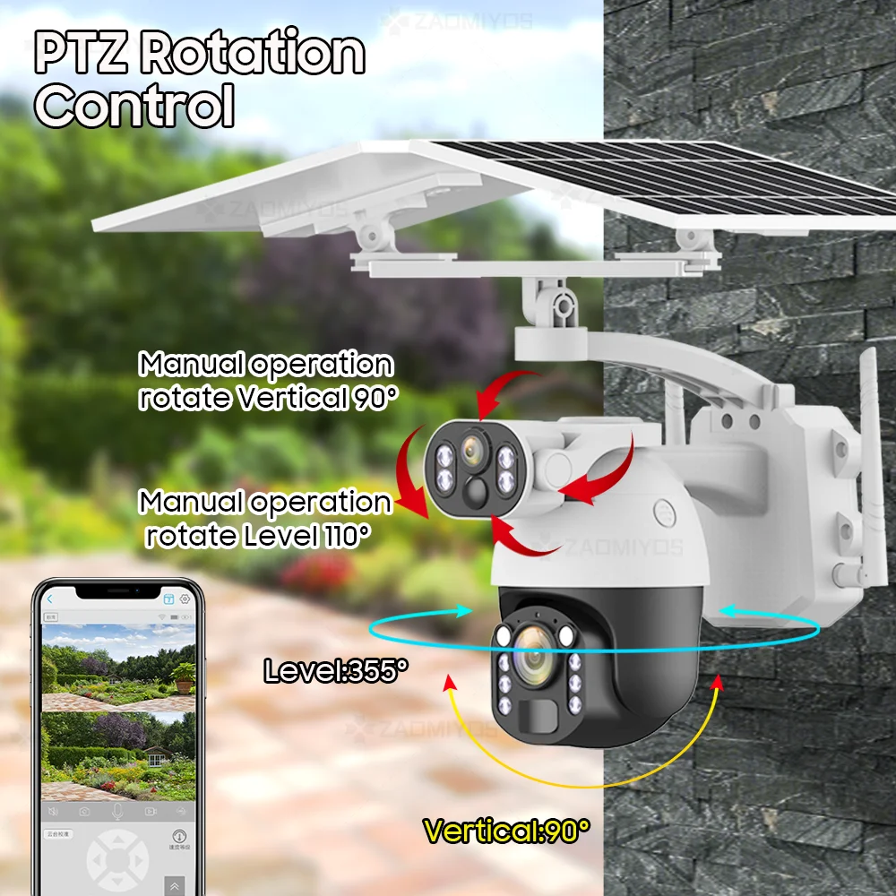 Câmera de Segurança Solar Externa, Dual Screen, PTZ, Detecção de Movimento, Rastreamento, CCTV, IP, 8MP, 4G SIM, Zoom 50X, WiFi, 4K