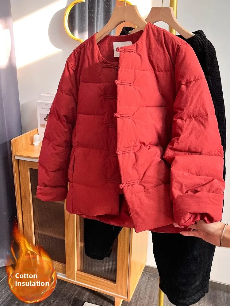 

Chinese Sle Thiened Winter Jaet Red Button down Quilted Cotton Duvet Coat Women's Retro National Trend New Year Outerwear