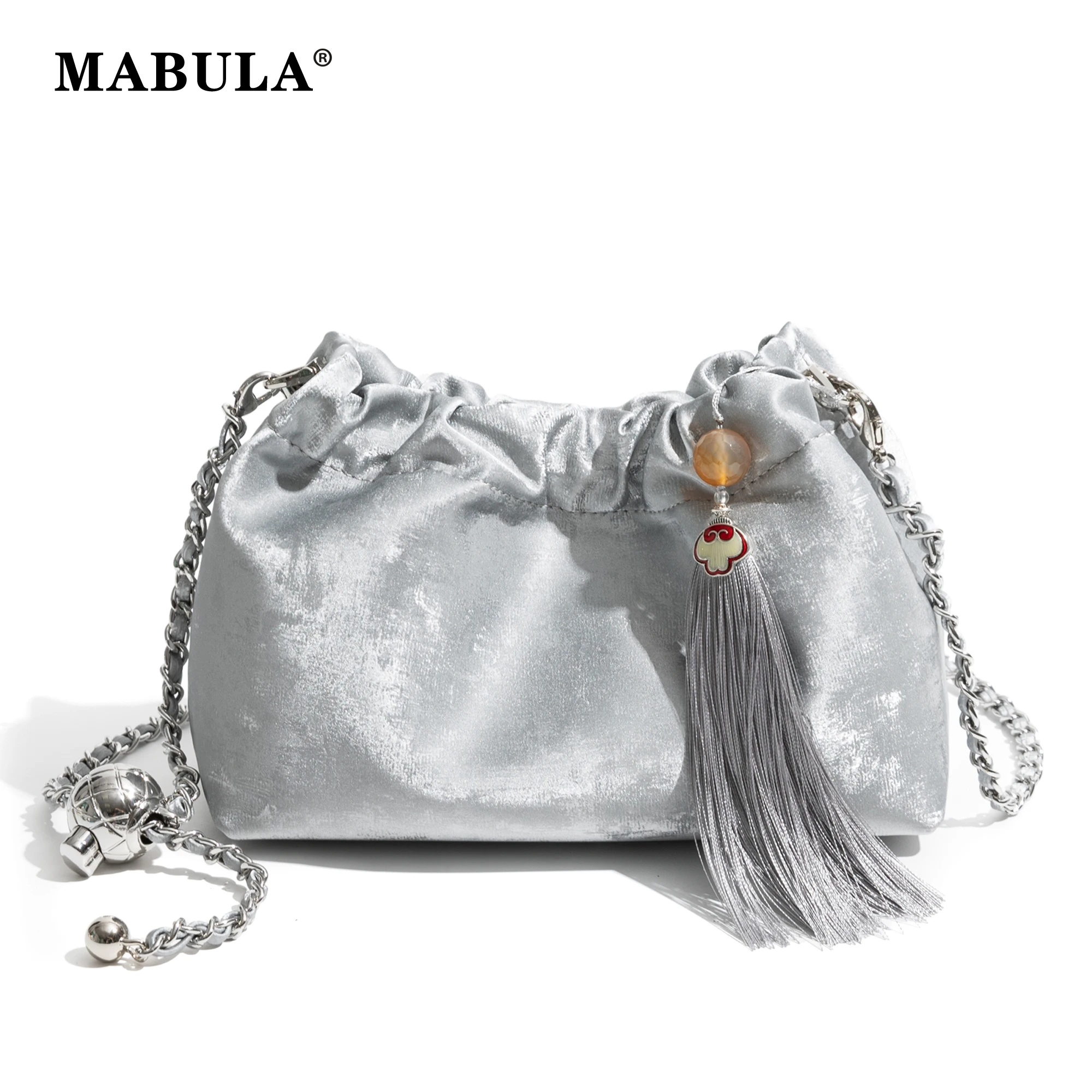 

MABULA Small Cloud Style Chain Cross Body Phone Purse Tassel Trendy Genuine Leather Girl Chinese Clutch Handbag Exquisite Silver