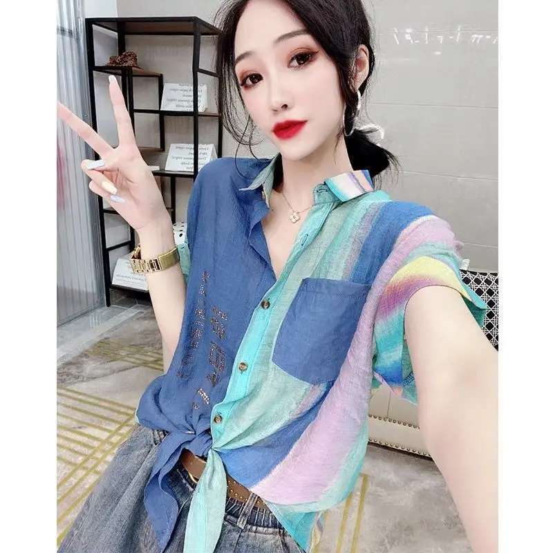 2024 New Summer Loose Printing T-Shirt Patchwork Letter Blouse Women Clothing Short Sleeve Fashion All-match Top Tee Ladies Thin