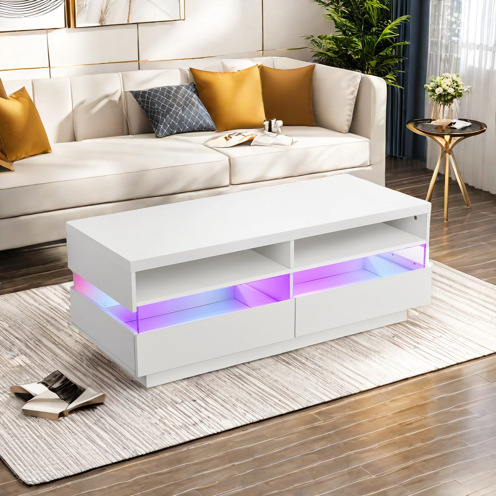 Modern Coffee Table For Living Room, White Coffee Table With Storage, With 2 Drawers And Open Shelves, Sofa Side Table, 122cm