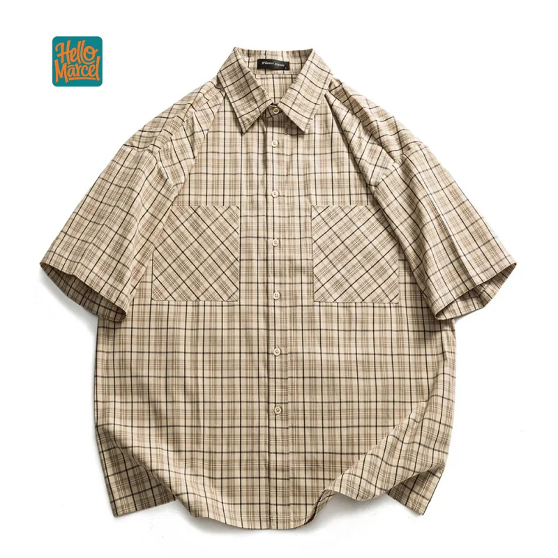 HELLOMARCEL EU US Size Loose Fit Plaid Cargo Short Sleeve Shirt for Men and Women Vintage 100% Cotton Casual Shirt