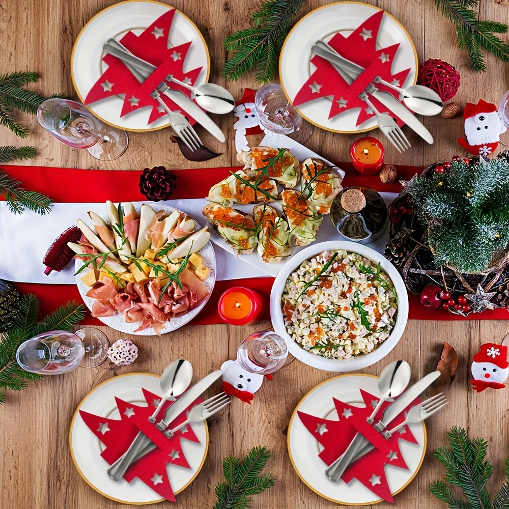 12 قطعة، مفارش شجرة عيد الميلاد، مجموعة حقائب شوكة وملعقة اللباد، مناسبة لتزيين طاولات حفلات العطلات الأخرى