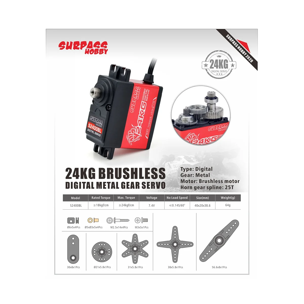 Surpass Hobby S2400Bl 24 Écrous Brushless Digital Steering Gear Ds- B004-C -Cyw-0124Kg Semi-Aluminium Cadre Brushless