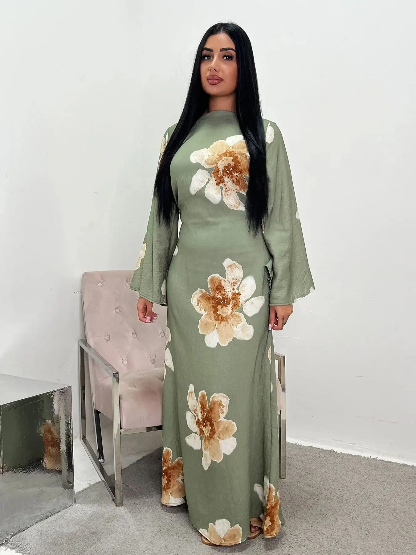 

Fashion Flowers Printed Djellaba Muslim Dress Dubai Full Length Flare Sleeve Soft Abaya Dubai Turkey Muslim Islam Robe WY2285