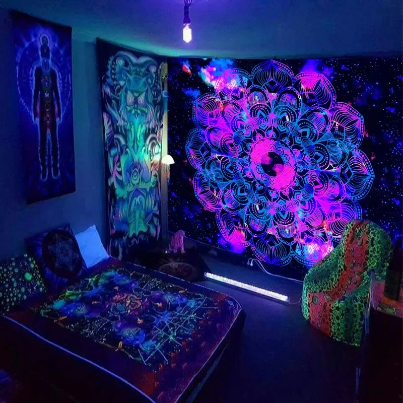 Black Light Tapestry UV Reactive Psychedelic Mandala Wall Hanging  for Bedroom Dorm Individual Room Decoration