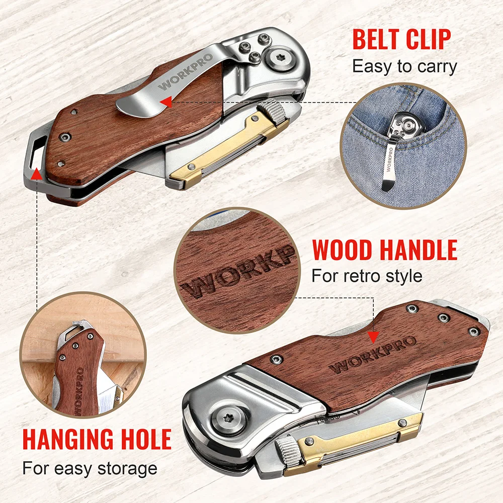 WORKPRO Folding Knife Pipe Cutter Pocket Knife Wood Handle Knife with 10/20PCS Blades