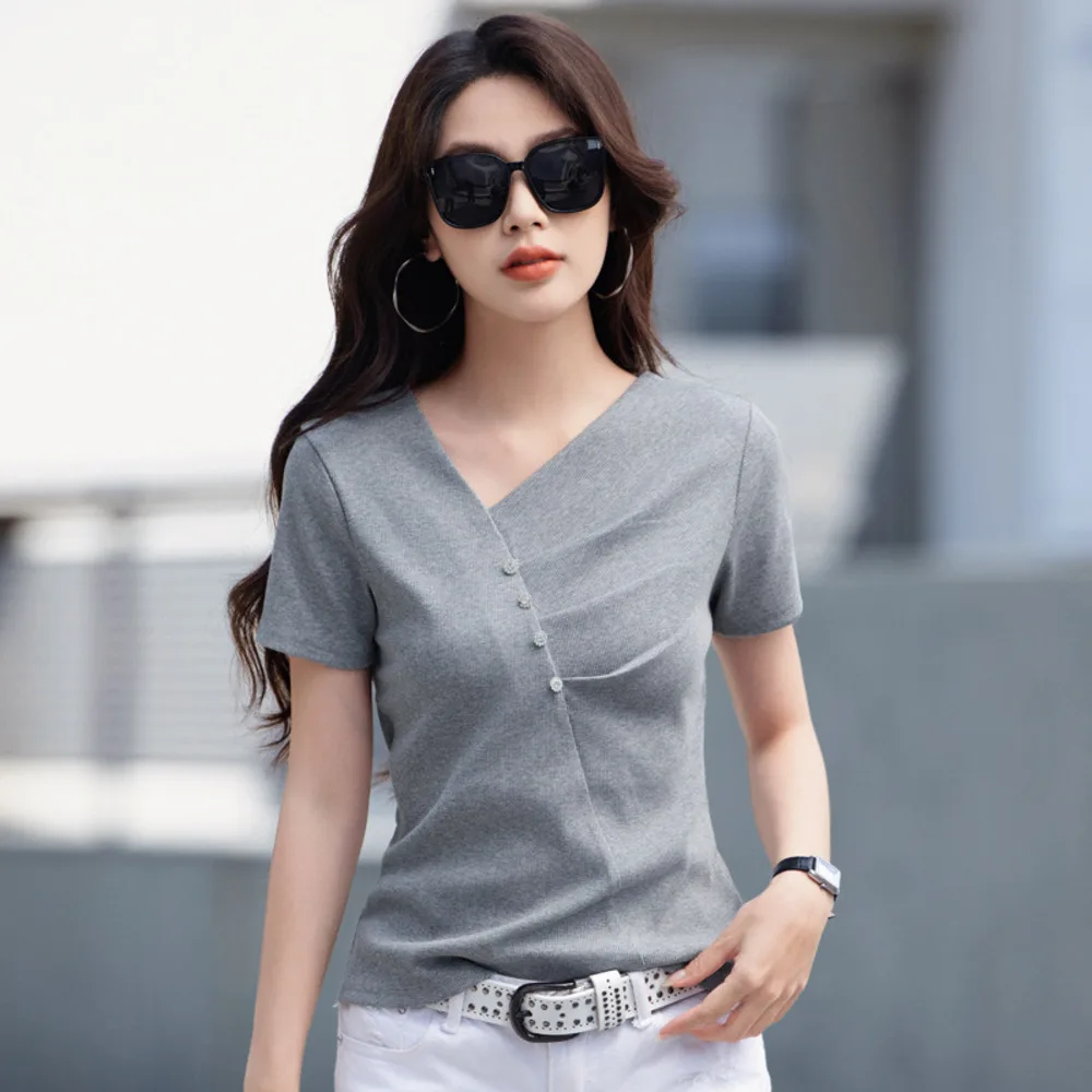 

2025 Summer Womens Irregular Hem Short Sleeve T Shirt Criss Cross V Neck Slim Fit Casual Top Fashion Trendy Blouss