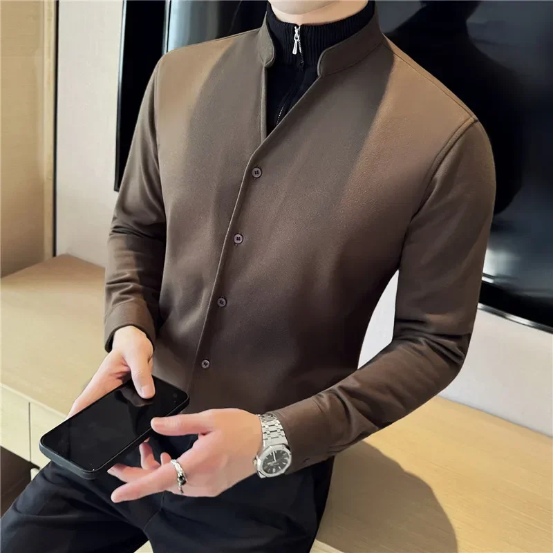 Autumn Winter Fake 2 Pieces Half Zipper Woolen Shirts Fashion V-neck Men Slim Fit Business Formal Wear Thick Sweater Shirt 4XL-M