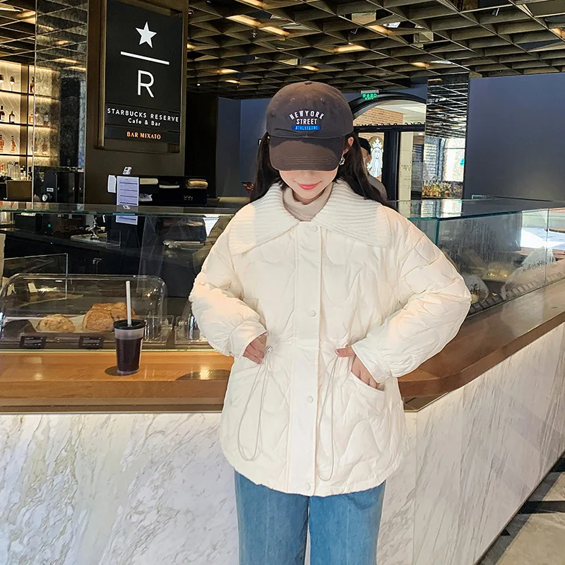 

Women's lapel collar winter new doll collar short style drawstring waist cotton coat small fragrant style cotton coat