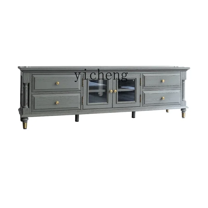 TQH light luxury gray TV cabinet all solid wood advanced gray American modern video cabinet