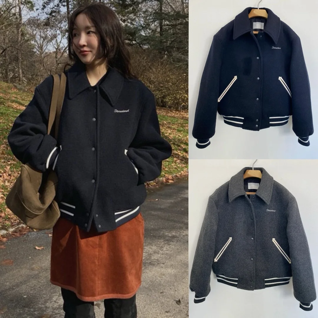 

Свободное хлопковое шерстяное пальто с отложным воротником Sve Baseball Jaet, обычная длина, зима 2024, женское пальто...