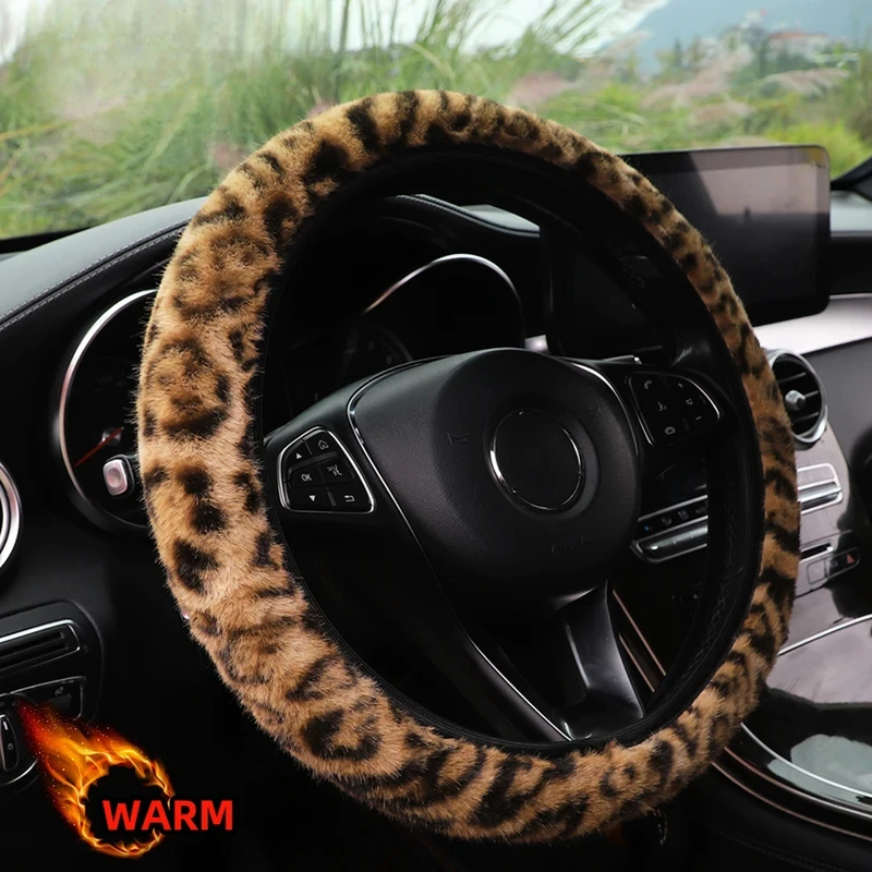 Leopard Print Simulation Winter Plush Car Steering Wheel Cover No Inner Ring Anti-Slip Auto Interior Supplies